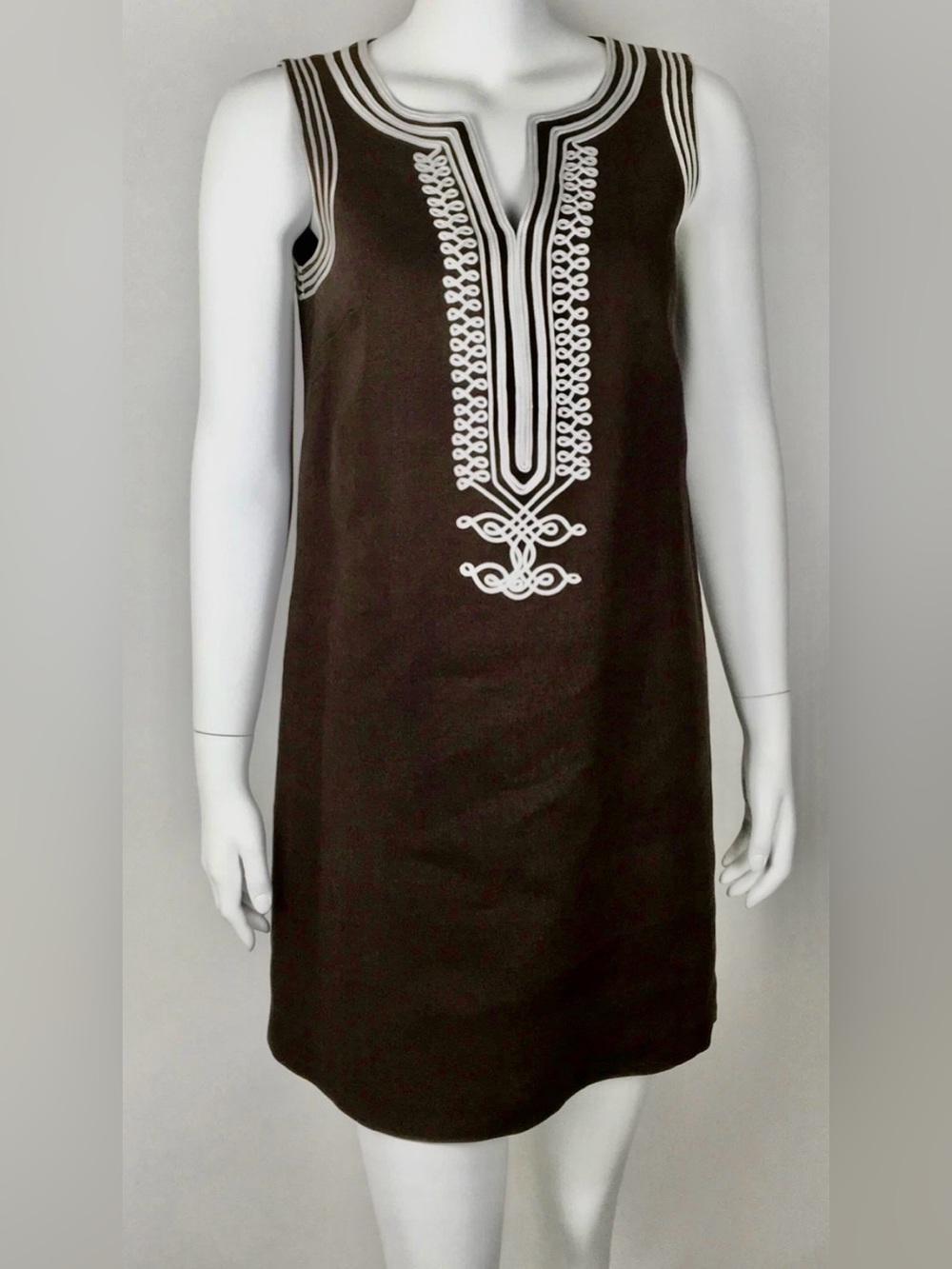Michael Kors Linen Brown Shift Dress with White Embroidered Scrolled Trim Size 8